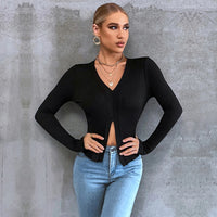 Casual Commuting Long Sleeve Slim Fit Cropped Split Neck Women's T-Shirt