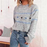 Cute Flowers Embroidery Contrast Color Knitted Pullover For Women