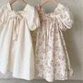 Girls Bow Bubble Sleeve Floral Square Neck Dress
