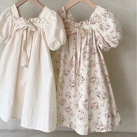 Girls Bow Bubble Sleeve Floral Square Neck Dress