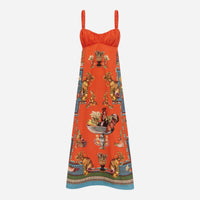 Linen Printed Pleated Elastic Strap Dress