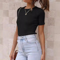 Top Hot Girl Autumn Short Sleeve Slim Round Neck Rib Milk Silk T-shirt For Women