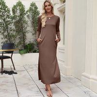 Women's Long-Sleeve Solid-Color Slit Maxi Dress