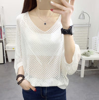 Hollow-out Short-sleeved Loose Knitted Shirt V-neck