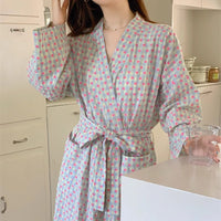 Sweetheart Checked Pajama Robe Spring Autumn New Style, Loose Fitting, Comfortable Mid Length Loungewear For Home