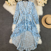 Womens Printed V-Neck Long-Sleeve Lace Maxi Dress