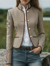 Womens Retro Floral Embroidery Stand Up Collar Jacket