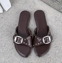 2026 Summer New French Style Buckle Slide Sandals Women Flat Leopard Print Beach Holiday Outdoor Slippers