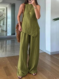 Casual Crew-Neck Pullover Sleeveless Pants With Pockets Cozy Two-Piece Set