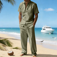 Linen Lapel Short-Sleeve Shirt And Casual Trousers Two-Piece Set For Men