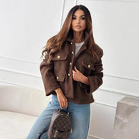 Solid Color Polo Collar Tweed Coat Women