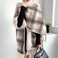Women's Fleece Lined Padded Warm Keeping Mid-length Tassel Cape And Shawl
