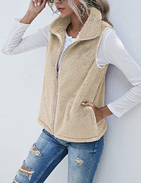 Plush Stand Collar Sleeveless Zipper Lightweight Vest