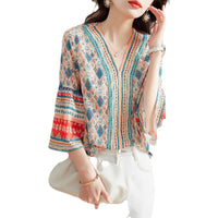 V-neck Loose Flare Three-quarter Sleeve Blouse Women's Top