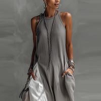 Womens Sleeveless Loose-Fit Color-Block Casual Off-Shoulder Dress With Pockets