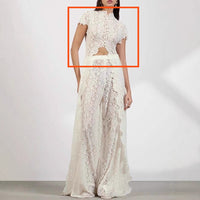 Womens Lace Solid Color Hollow-Out Crew Neck Fashionable Top And Pants Set