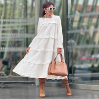 Women's Long Sleeve Patchwork Round Neck Ruffles Dress