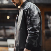 American-style Black MA1 Pilot Leather Jacket Ruan Handsome Short