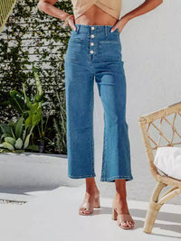 Retro Loose Straight Single Row Ornament High Waist Wide Leg Women's Jeans