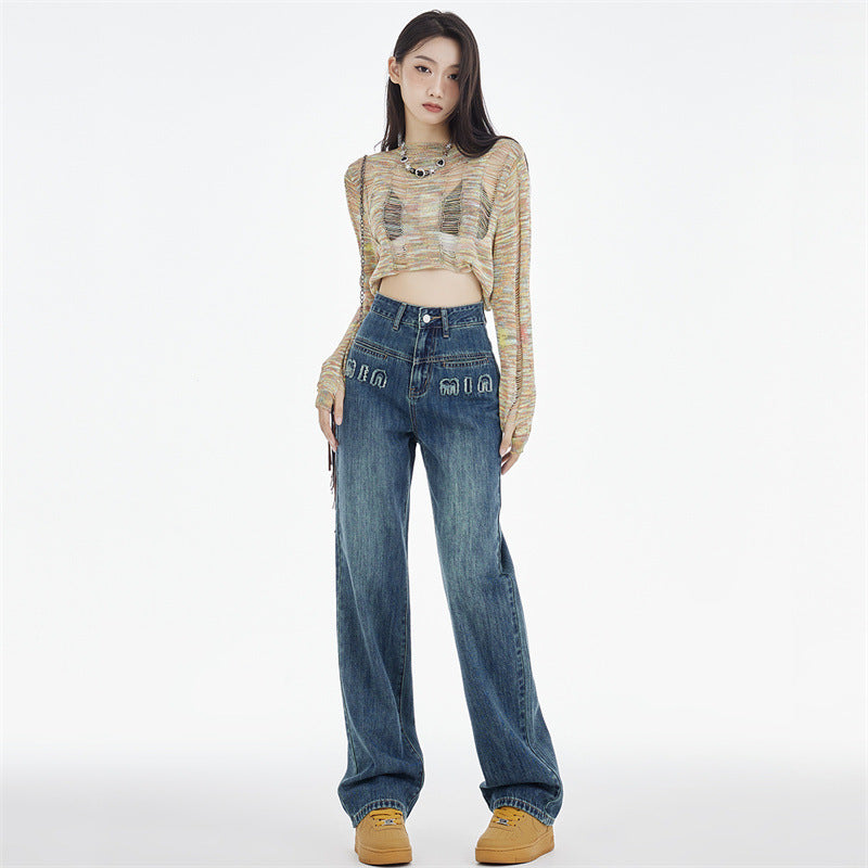 Women's Straight Jeans Dark Blue Embroidered Letters