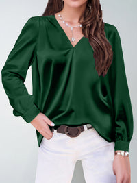 Satin Pleated Long-sleeved Top V-neck Casual Loose Shirt