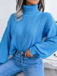 Women Turtleneck Cable Knit Lantern Sleeve Sweater Top