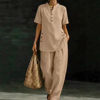 Womens Comfortable Linen Two-Piece Set Button-Up Shirt And Wide-Leg Pants