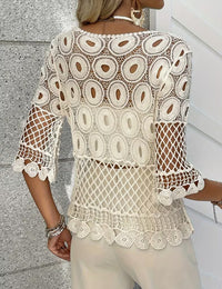 Resort-Style Sun-Protective Crochet Hollow-Out Crew-Neck Half-Sleeve Top