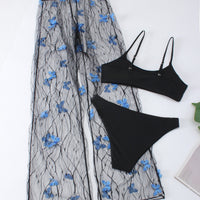 Women's Voile Transparent Black Butterfly Bikini Three-piece Set