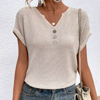 Women's Waffle Short Sleeve Cropped Collar Hollow-out Top