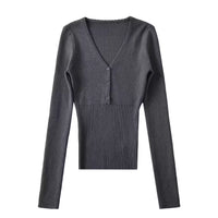V-neck Fitted-waist Long-sleeve Knit Base Layer Top