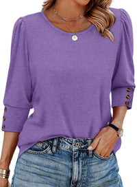 Women's Printed Elegant 34 Sleeves Round Neck T-shirt With Buttons