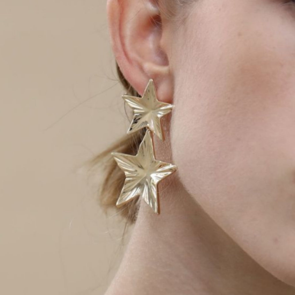 European And American Metal Fashion Brass Artificial Gold Earrings Geometric Five-pointed Star Double Layer