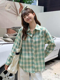 Green Plaid Sunscreen Shirt Coat Female Loose Long Sleeve Top