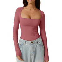Women's Square Neck Autumn Top Long Sleeve Slim Fit Pullover Milk Silk T-shirt Elegant