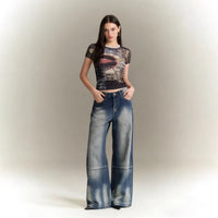Printed Vintage Loose Wide-Leg Womens Jeans