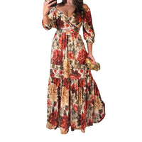 Elegant And Fashionable Womens Printed 34-sleeve V-neck Dress