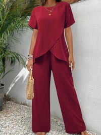 Womens Two-Piece Set Crew-Neck Short-Sleeve Pullover With A Loose