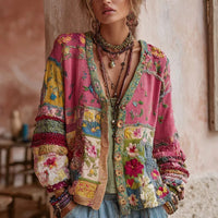 Artistic Printed Crew Neck Long-sleeve Blended Fabric T-shirt Blouse With Ethnic Style