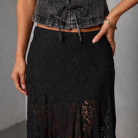 European And American Retro Versatile Black Polyester Lace Sheer Skirt