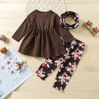 Girls' Turkey Print Top And Trousers Scarf Three-piece Set