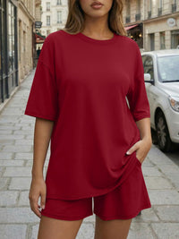 Round-neck Casual Loose-fitting Short-sleeve Shorts Womens Set