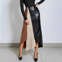 PU Colorblock Leather Skirt High-Waisted Zipper Midi Skirt