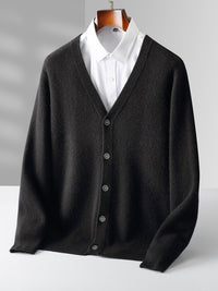 Pure Wool Cardigan Men's V-neck Solid Color Long Sleeve
