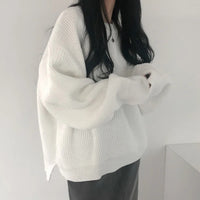 Slit Hemline At Hem Loose Sweater Round Neck Pullover Top Women