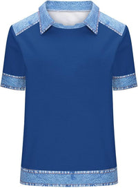 Denim Patchwork Crew Neck Short-sleeve Loose Casual Everyday Versatile