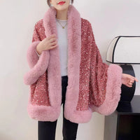 Sequined Fur Collar Knitted Inverness Women