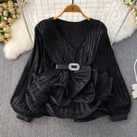 Lantern Long Sleeve V-neck Loose Belly-covering Waist Ruffle Hem Pullover Shirt