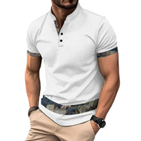 Color Stitching Stand-collar Short Sleeve Button Fashion