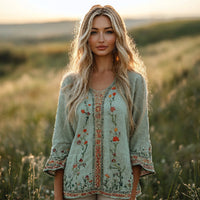 Womens 3D-printed Crew-neck Long-sleeve Retro Bohemian Top